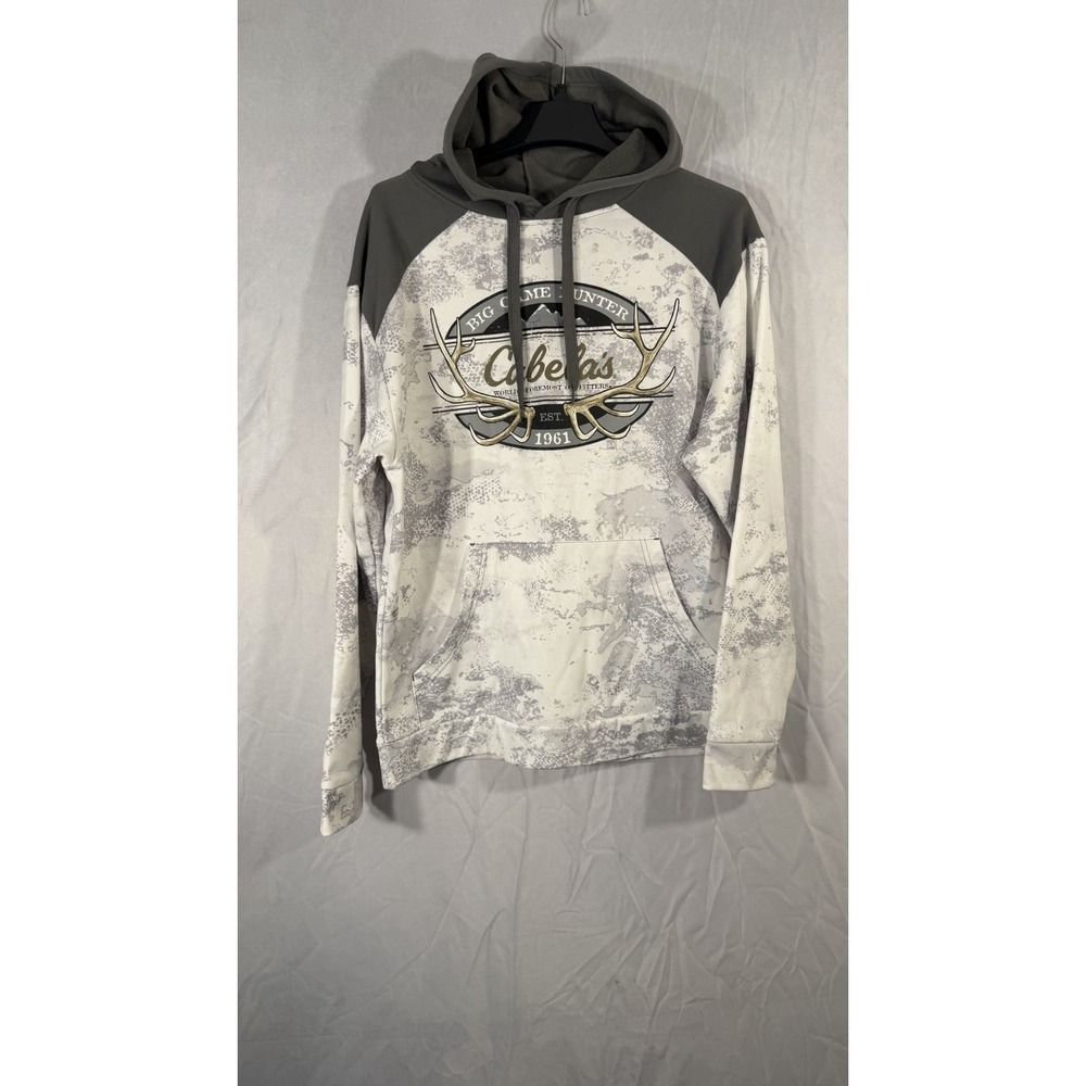 cabelas pullover Drawstring Hoodie Camo White Gray Medium Chest‎ Logo Outdoor